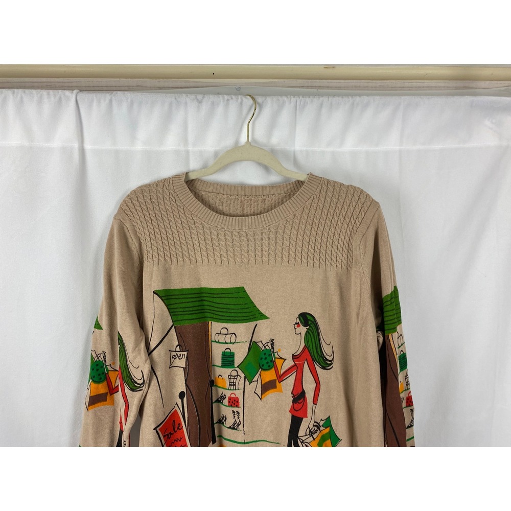 Womens Beige Shopping Scene Graphic Knit Sweater Long Sleeve Crew Neck - Picture 3 of 15